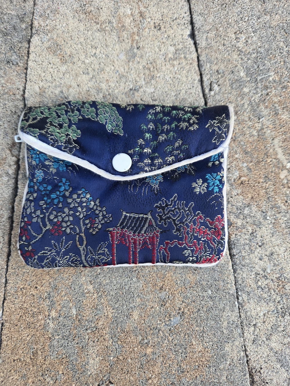 Embroidered Navy Floral Satin Clutch